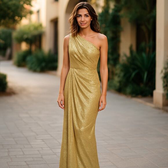 Theia One Shoulder Sleeveless Sash Embellished Sequin Gown Gold Size 4 NWT - Picture 12 of 12